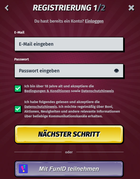 Allyspin Casino Anmeldung schritt 1